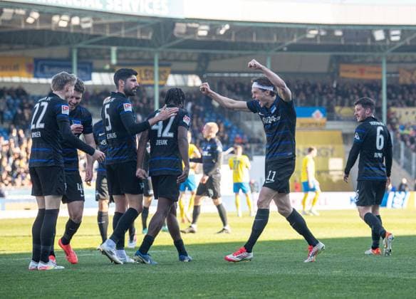 Soccer, Men, Season 2024 2025, 2 Bundesliga 26 Matchday , Eintracht Braunschweig Hertha BSC, f l Marten Winkler Hertha BSC , Linus Gechter Hertha BSC , Andreas Bouchalakis Hertha BSC , Deyovaisio Zeefuik Hertha BSC , Fabian Reese Hertha BSC , Diego Demme Hertha BSC , Cheering after the final whistle, 16 03 2025, Copyright: xSebastianxRäppold MatthiasxKochx