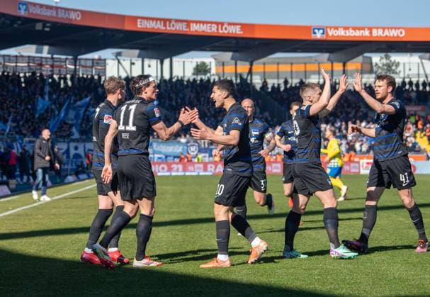 Soccer, Men, Season 2024 2025, 2 Bundesliga 26 Matchday , Eintracht Braunschweig Hertha BSC, f l Michael Cuisance Hertha BSC , Fabian Reese Hertha BSC , Ibrahim Maza Hertha BSC , Jonjoe Kenny Hertha BSC , Pascal Klemens Hertha BSC , Cheering after goal to 0 1, 16 03 2025, Copyright: xSebastianxRäppold MatthiasxKochx