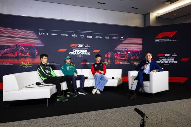F1 - CHINESE GRAND PRIX 2025 BORTOLETO Gabriel (bra), Stake F1 Team Kick C45, portrait, ALONSO Fernando (spa), Aston Martin F1 Team AMR25, portrait, BEARMAN Ollie Oliver (gbr), Haas F1 Team VF-25, portrait, press conference, PK, Pressekonferenz during the Formula 1 Heineken Chinese Grand Prix 2025, 2nd round of the 2025 FIA Formula One World Championship, WM, Weltmeisterschaft from March 21 to 23, 2025 on the Shanghai International Circuit, in Shanghai, China - ShanghaiChina Copyright: xJavierxJimenezx