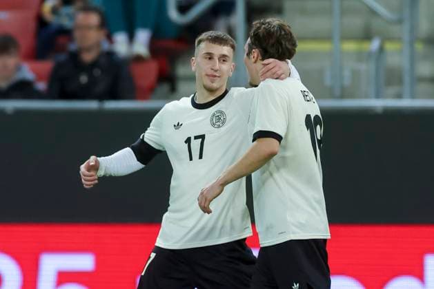 Brajan Gruda Germany celebrates after scoring his teams first goal with Rocco Reitz Germany , International Friendly, U21 Slovakia and U21 Germany, Štadion Antona Malatinskà ho on March 21, 2025 in Trnava, Slovakia Photo by Marco Steinbrenner DeFodi Images Brajan Gruda Germany celebrates after scoring his teams first goal with Rocco Reitz Germany , International Friendly, U21 Slovakia and U21 Germany, Štadion Antona Malatinskà ho, March 21, 2025 in Trnava, Slovakia Photo by Marco Steinbrenner DeFodi Images