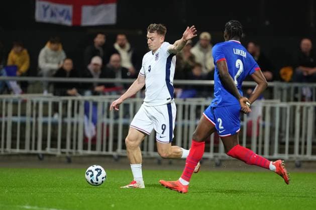 Liam Delap of England France U21, U 21 v England U21, International Friendly, Länderspiel, Nationalmannschaft Football, Stade du Moustoir, Lorient, France - 21 Mar 2025 EDITORIAL USE ONLY No use with unauthorised audio, video, data, fixture lists, club league logos or live services. Online in-match use limited to 120 images, no video emulation. No use in betting, games or single club league player publications. Copyright: xDavexWinter Shutterstockx 15215626af