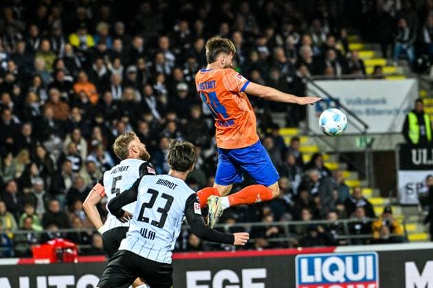 GER, 2 BL, SSV Ulm 1846 vs SV Darmstadt 98 28 03 2025, Donaustadion, Ulm, GER, 2 BL, SSV Ulm 1846 vs SV Darmstadt 98, in the picture Killian Corredor Darmstadt, 34 , violent jump for possession of the ball nordphotoxGmbHx xHafner nph00200