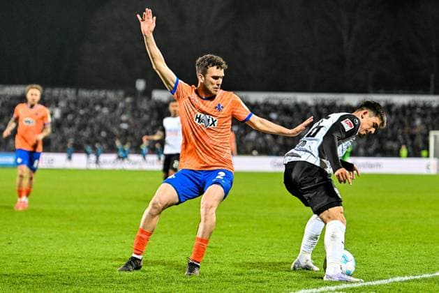 GER, 2 BL, SSV Ulm 1846 vs SV Darmstadt 98 28 03 2025, Donaustadion, Ulm, GER, 2 BL, SSV Ulm 1846 vs SV Darmstadt 98, in the picture Sergio Lopez Darmstadt, 2 , Aaron Keller SSV Ulm, 16 nordphotoxGmbHx xHafner nph00200