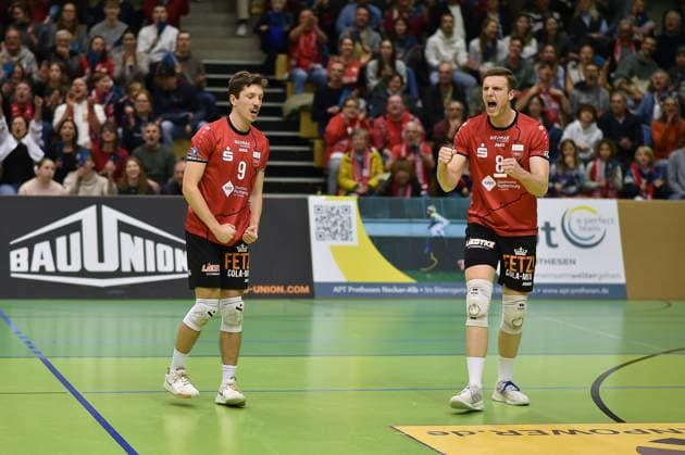 Joy, jubilation, Sam Elgert TV Rottenburg, 09 and Niklas Lichtenauer TV Rottenburg, 08 TV Rottenburg vs CERATONIA Volleys Eltmann, Volleyball, 2 Bundesliga Sued, 24 Matchday, Season 2024 2025, 29 03 2025, TV Rottenburg vs CERATONIA Volleys Eltmann, Volleyball, 2 Bundesliga Sued, 24 Matchday, Season 2024 2025, 29 03 2025 Rottenburg Copyright: xEibner-Pressefoto RalphxKunzex EP_RKE