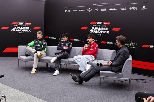 F1 - JAPANESE GRAND PRIX 2025 HULKENBERG Nico (ger), Stake F1 Team Kick C45, portrait, TSUNODA Yuki (jap), Red Bull Racing RB21, portrait and LECLERC Charles (mco), Scuderia Ferrari SF-25, portrait press conference, PK, Pressekonferenz during the Formula 1 Lenovo Japanese Grand Prix 2025, 3rd round of the 2025 FIA Formula One World Championship, WM, Weltmeisterschaft from April 4 to 6, 2025 on the Suzuka Circuit, in Suzuka, Japan - SuzukaJapan Copyright: xEricxAlonsox