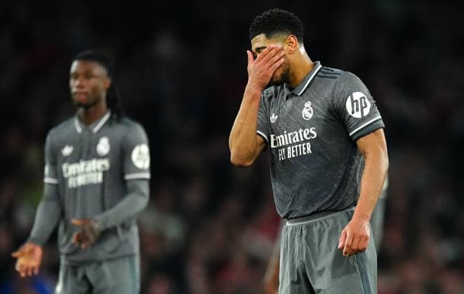 Jude Bellingham of Real Madrid shows a look of dejection Arsenal v Real Madrid, UEFA Champions League, Quarter Final, First Leg, Football, Emirates Stadium, London, UK - 08 Apr 2025 EDITORIAL USE ONLY No use with unauthorised audio, video, data, fixture lists, club league logos or live services. Online in-match use limited to 120 images, no video emulation. No use in betting, games or single club league player publications. Copyright: xJavierxGarcia Shutterstockx 15243595ba