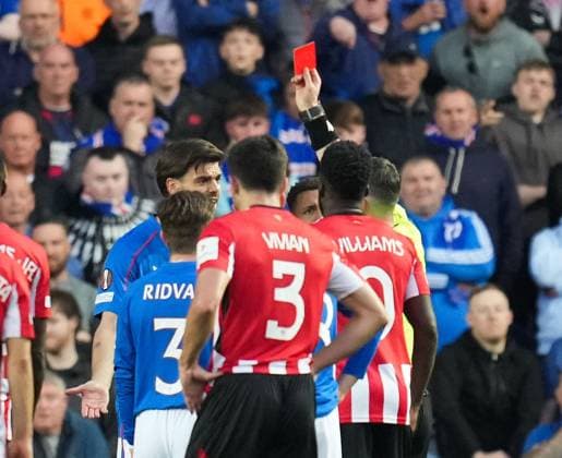 Referee Istvan Kovacs sends off Robin Propper of Rangers following a VAR review. Rangers v Athletic Bilbao, UEFA Europa League, Quarter Final, First Leg, Football, Ibrox Stadium, Glasgow, Scotland, UK - 10 Apr 2025 EDITORIAL USE ONLY No use with unauthorised audio, video, data, fixture lists, club league logos or live services. Online in-match use limited to 120 images, no video emulation. No use in betting, games or single club league player publications. Copyright: xStuartxWallace Shutterstockx 15243627ad