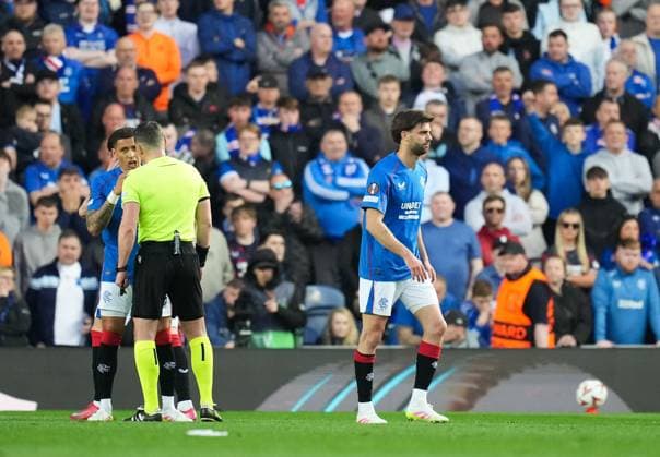 Referee Istvan Kovacs sends off Robin Propper of Rangers following a VAR review. Rangers v Athletic Bilbao, UEFA Europa League, Quarter Final, First Leg, Football, Ibrox Stadium, Glasgow, Scotland, UK - 10 Apr 2025 EDITORIAL USE ONLY No use with unauthorised audio, video, data, fixture lists, club league logos or live services. Online in-match use limited to 120 images, no video emulation. No use in betting, games or single club league player publications. Copyright: xStuartxWallace Shutterstockx 15243627ag
