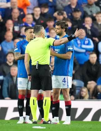 Referee Istvan Kovacs sends off Robin Propper of Rangers following a VAR review. Rangers v Athletic Bilbao, UEFA Europa League, Quarter Final, First Leg, Football, Ibrox Stadium, Glasgow, Scotland, UK - 10 Apr 2025 EDITORIAL USE ONLY No use with unauthorised audio, video, data, fixture lists, club league logos or live services. Online in-match use limited to 120 images, no video emulation. No use in betting, games or single club league player publications. Copyright: xStuartxWallace Shutterstockx 15243627af
