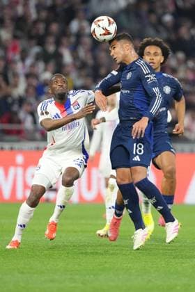 Casemiro of Man Utd and Clinton Mata of Lyon compete Olympique Lyonnais v Manchester United, ManU UEFA Europa League, Quarter Final, First Leg, Football, Groupama Stadium, Lyon, France - 10 Apr 2025 EDITORIAL USE ONLY No use with unauthorised audio, video, data, fixture lists, club league logos or live services. Online in-match use limited to 120 images, no video emulation. No use in betting, games or single club league player publications. Copyright: xDavexWinter Shutterstockx 15243617bt