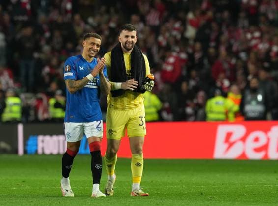Rangers captain James Tavernier & Rangers goalkeeper Liam Kelly applaud the fans at full-time. Final score Rangers 0 Athletic Bilbao 0. Rangers v Athletic Bilbao, UEFA Europa League, Quarter Final, First Leg, Football, Ibrox Stadium, Glasgow, Scotland, UK - 10 Apr 2025 EDITORIAL USE ONLY No use with unauthorised audio, video, data, fixture lists, club league logos or live services. Online in-match use limited to 120 images, no video emulation. No use in betting, games or single club league player publications. Copyright: xStuartxWallace Shutterstockx 15243627cc