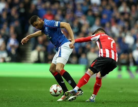 Leon Balogun of Rangers in action with Alex Berenguer of Athletic Bilbao during UEFA Europa League Quarter-Final first leg match at Ibrox Stadium, Glasgow. Rangers v Athletic Bilbao, UEFA Europa League, Quarter Final, First Leg, Football, Ibrox Stadium, Glasgow, Scotland, UK - 10 Apr 2025 EDITORIAL USE ONLY No use with unauthorised audio, video, data, fixture lists, club league logos or live services. Online in-match use limited to 120 images, no video emulation. No use in betting, games or single club league player publications. Copyright: xRangersxFC Shutterstockx 15247737cp