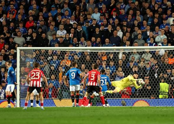 Liam Kelly of Rangers saves a shot on target during UEFA Europa League Quarter-Final first leg match at Ibrox Stadium, Glasgow. Rangers v Athletic Bilbao, UEFA Europa League, Quarter Final, First Leg, Football, Ibrox Stadium, Glasgow, Scotland, UK - 10 Apr 2025 EDITORIAL USE ONLY No use with unauthorised audio, video, data, fixture lists, club league logos or live services. Online in-match use limited to 120 images, no video emulation. No use in betting, games or single club league player publications. Copyright: xRangersxFC Shutterstockx 15247737bx