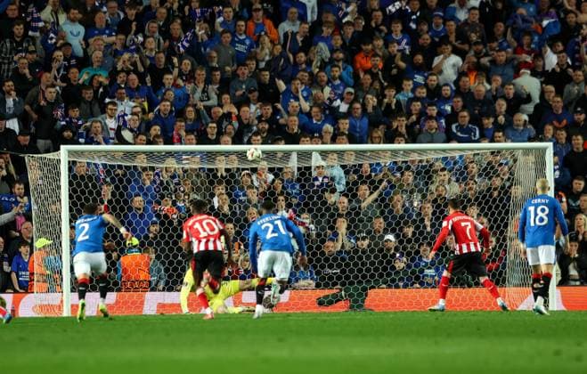 Liam Kelly of Rangers saves a penalty from Alex Berenguer of Athletic Bilbao during UEFA Europa League Quarter-Final first leg match at Ibrox Stadium, Glasgow. Rangers v Athletic Bilbao, UEFA Europa League, Quarter Final, First Leg, Football, Ibrox Stadium, Glasgow, Scotland, UK - 10 Apr 2025 EDITORIAL USE ONLY No use with unauthorised audio, video, data, fixture lists, club league logos or live services. Online in-match use limited to 120 images, no video emulation. No use in betting, games or single club league player publications. Copyright: xRangersxFC Shutterstockx 15247737db