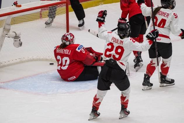 Marie-Philip Poulin, center, and Jennifer Gardiner of Canada, right, celebrate a goal during the Ice hockey, Eishockey IIHF Women s World Championship, WM, Weltmeisterschaft Group A, match Switzerland vs Canada, Ceske Budejovice, Czech Republic, April 11, 2025. At left is goalkeeper Andrea Braendli of Switzerland. (CTKxPhoto PetrxSkrivanek) CTKPhotoP2025041106006 CTKPhotoP2025041106006