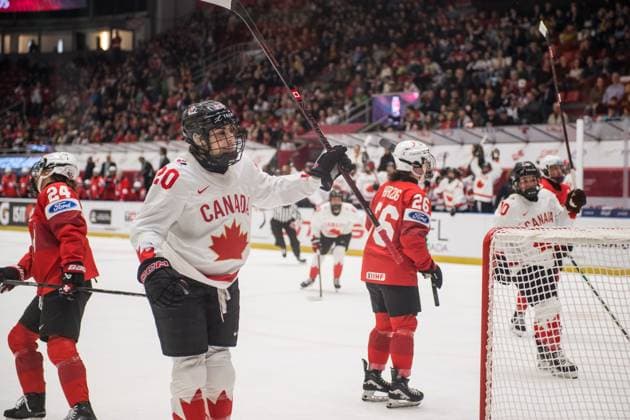 (L-R) Noemi Ryhner of Switzerland, Sarah Nurse of Canada, Naemi Herzig of Switzerland and Sarah Fillier of Canada in during the Ice hockey, Eishockey IIHF Women s World Championship, WM, Weltmeisterschaft Group A, match Switzerland vs Canada, Ceske Budejovice, Czech Republic, April 11, 2025. (CTKxPhoto PetrxSkrivanek) CTKPhotoP2025041106546 CTKPhotoP2025041106546