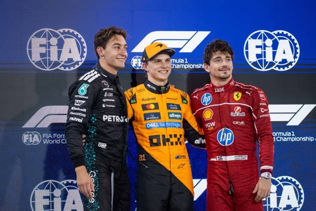 George Russell Mercedes AMG Petronas F1 Team, Great Britain, 63 , Oscar Piastri McLaren Formula 1 Team, Australia, 81 , Charles Leclerc Scuderia Ferrari HP, Monaco, 16 at Parc Ferme as top 3 on grid position 2, pole position, grid position 3, BAH, Formula 1 World Championship, Gulf Air Grand Prix of Bahrain, Bahrain International Circuit, Qualifying, 2025 season, 12 04 2025 BAH, Formula 1 World Championship, Gulf Air Grand Prix of Bahrain, Bahrain International Circuit, Qualifying, 2025 season, 12 04 2025 Sakhir Copyright: xEibner-Pressefoto Memmlerx EP_MMR