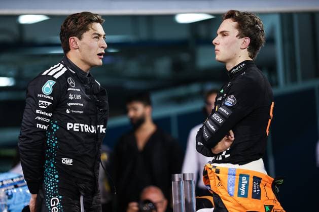 F1 - BAHRAIN GRAND PRIX 2025 RUSSELL George (gbr), Mercedes AMG F1 Team W16, portrait and PIASTRI Oscar (aus), McLaren F1 Team MCL39, portrait during the Formula 1 Gulf Bahrain Grand Prix 2025, 4th round of the 2025 FIA Formula One World Championship, WM, Weltmeisterschaft from April 11 to 13, 2025 on the Bahrain International Circuit, in Sakhir, Bahrain - SakhirBahrain Copyright: xEricxAlonsox