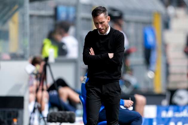 Dominik Glawogger coach, head coach, SVWM , single picture, single photo, action, looking disappointed, disappointment, frustration, disappointed, pessimistic, 13 04 2025, Mannheim Germany , football, 3 Liga, SV Waldhof Mannheim TSV 1860 München, DFB DFL REGULATIONS PROHIBIT ANY USE OF PHOTOGRAPHS AS IMAGE SEQUENCES AND OR QUASI VIDEO xozx