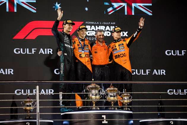 F1 - BAHRAIN GRAND PRIX 2025 RUSSELL George (gbr), Mercedes AMG F1 Team W16, portrait PIASTRI Oscar (aus), McLaren F1 Team MCL39, portrait STELLA Andrea (ita), Team Principal of McLaren F1 Team, portrait NORRIS Lando (gbr), McLaren F1 Team MCL39, portrait podium during the Formula 1 Gulf Bahrain Grand Prix 2025, 4th round of the 2025 FIA Formula One World Championship, WM, Weltmeisterschaft from April 11 to 13, 2025 on the Bahrain International Circuit, in Sakhir, Bahrain - SakhirBahrain Copyright: xXavixBonillax