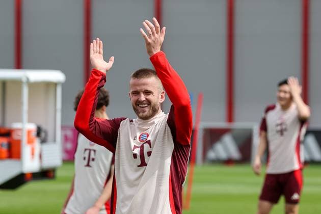 Eric Dier FC Bayern Muenchen, 15 laughs and claps, good mood, GER, final training, FC Bayern Muenchen, football, UEFA Champions League, quarter-final second leg, 2024 2025 season, 15 04 2025, GER, final training, FC Bayern Muenchen, football, UEFA Champions League, quarter-final second leg, 2024 2025 season, 15 04 2025 Muenchen Copyright: xEibner-Pressefoto JennixMaulx EP_JML
