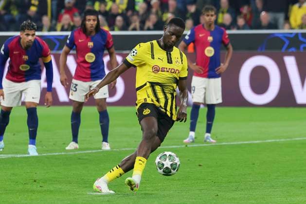 Serhou Guirassy Borussia Dortmund converts the penalty to make it 1 0, UEFA Champions League 2024 25 Quarter Final Second Leg, Borussia Dortmund and FC Barcelona, Signal Iduan Park on April 15, 2025 in Dortmund, Germany Photo by Marco Steinbrenner DeFodi Images Serhou Guirassy Borussia Dortmund converts the penalty to make it 1 0, UEFA Champions League 2024 25 Quarter Final Second Leg, Borussia Dortmund and FC Barcelona, BVB Stadion Dortmund, April 15, 2025 in Dortmund, Germany Photo by Marco Steinbrenner DeFodi Images