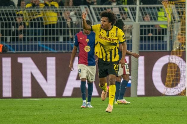 Karim Adeyemi Borussia Dortmund 09, 27 celebrates after Serhou Yadaly Guirassy Borussia Dortmund 09, 09 , GER BVB Borussia Dortmund 09 vs FC Barcelona, Football, Champions League, Quarter-finals, 2024 2025 season, 15 04 2025 GER BVB Borussia Dortmund 09 vs FC Barcelona, Football, Champions League, Quarter-finals, 2024 2025 season, 15 04 2025 Dortmund Copyright: xEibner-Pressefoto FabianxFriesex EP_FFE