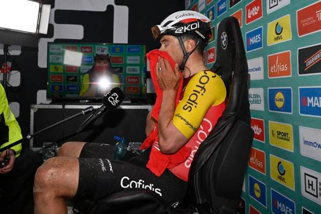 Ronde van Limburg 2025 - Men Elite TONGEREN, BELGIUM - APRIL 16 : Fretin Milan (BEL) of Cofidis celebrates the victory after the 77th edition of the Ronde van Limburg, an UCI Individual Road cycling, Rad, Radsport, Strasse race with start in Hasselt and finish in Tongeren after 178,6 km, organized by Flanders Classics on April 16, 2025 in Tongeren, Belgium, 16 04 2025 ( Motor driver Verfaillie Kenny (BEL) - Tongeren Belgium Copyright: xJanxDexMeuleneirx