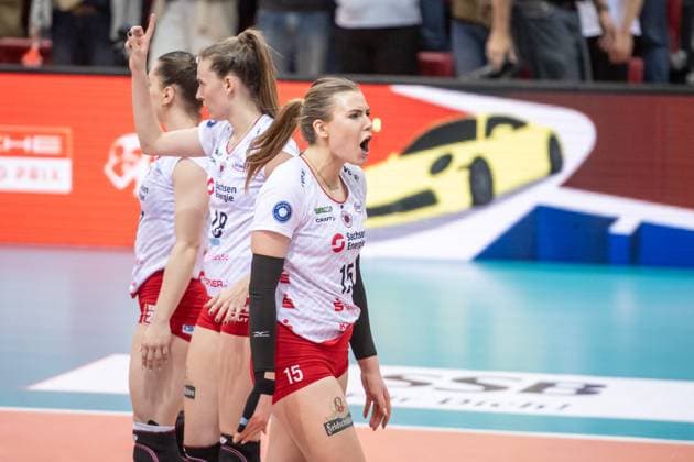 Marta Kamelija Levinska Dresdner SC, 15 Jubelschrei GER, Allianz MTV Stuttgart Dresdner SC, Volleyball Bundesliga, VBL, 2024 2025 season, 16 04 2025 GER, Allianz MTV Stuttgart Dresdner SC, Volleyball Bundesliga, VBL, 2024 2025 season, 16 04 2025 Stuttgart Copyright: xSandyxDinkelackerx EP_SDR