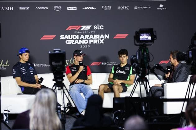 F1 - SAUDI ARABIAN GRAND PRIX 2025 press conference, PK, Pressekonferenz ALBON Alexander (tha), Williams Racing FW47, BEARMAN Ollie Oliver (gbr), Haas F1 Team VF-25, BORTOLETO Gabriel (bra), Stake F1 Team Kick C45, portrait during the Formula 1 STC Saudi Arabian Grand Prix 2025, 5th round of the 2025 FIA Formula One World Championship, WM, Weltmeisterschaft from April 18 to 20, 2025 on the Jeddah Corniche Circuit, in Jeddah, Saudi Arabia - JeddahSaudi Arabia Copyright: xANTONINxVINCENTx