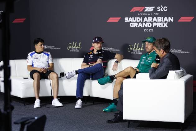 F1 - SAUDI ARABIAN GRAND PRIX 2025 press conference, PK, Pressekonferenz HADJAR Isack (fra), Visa Cash App RB F1 Team VCARB02, VERSTAPPEN Max (ned), Red Bull Racing RB21, ALONSO Fernando (spa), Aston Martin F1 Team AMR25, portrait during the Formula 1 STC Saudi Arabian Grand Prix 2025, 5th round of the 2025 FIA Formula One World Championship, WM, Weltmeisterschaft from April 18 to 20, 2025 on the Jeddah Corniche Circuit, in Jeddah, Saudi Arabia - JeddahSaudi Arabia Copyright: xANTONINxVINCENTx