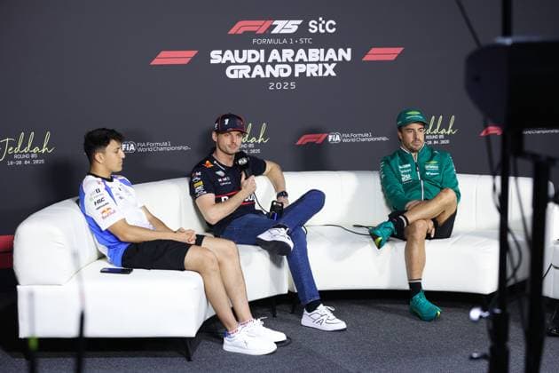 F1 - SAUDI ARABIAN GRAND PRIX 2025 press conference, PK, Pressekonferenz HADJAR Isack (fra), Visa Cash App RB F1 Team VCARB02, VERSTAPPEN Max (ned), Red Bull Racing RB21, ALONSO Fernando (spa), Aston Martin F1 Team AMR25, portrait during the Formula 1 STC Saudi Arabian Grand Prix 2025, 5th round of the 2025 FIA Formula One World Championship, WM, Weltmeisterschaft from April 18 to 20, 2025 on the Jeddah Corniche Circuit, in Jeddah, Saudi Arabia - JeddahSaudi Arabia Copyright: xANTONINxVINCENTx
