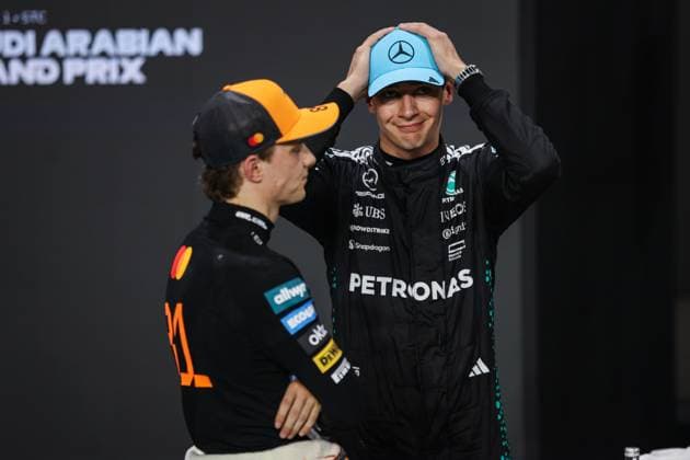 F1 - SAUDI ARABIAN GRAND PRIX 2025 RUSSELL George (gbr), Mercedes AMG F1 Team W16, PIASTRI Oscar (aus), McLaren F1 Team MCL39, portrait during the Formula 1 STC Saudi Arabian Grand Prix 2025, 5th round of the 2025 FIA Formula One World Championship, WM, Weltmeisterschaft from April 18 to 20, 2025 on the Jeddah Corniche Circuit, in Jeddah, Saudi Arabia - JeddahSaudi Arabia Copyright: xANTONINxVINCENTx