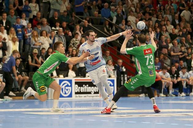 21 04 2025, Men, Handball, Season 2024 2025, 2 Handball Bundesliga, 28 Matchday TV Grosswallstadt TSV GWD Minden Benedikt Kuehn 24, GWD Minden , Yessine Meddeb 9, TV Grosswallstadt , Alexander Weck 73, GWD Minden Elsenfeld Untermainhalle Bayern Germany
