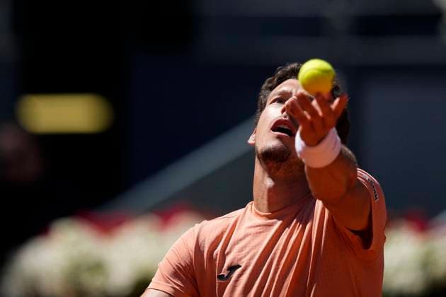 April 23, 2025, Madrid, Madrid, SPAIN: Pablo Carreno of Spain in action against Nuno Borges of Portugal during the Mutua Madrid Open 2025, ATP, Tennis Herren Masters 1000 and WTA, Tennis Damen 1000, tennis tournament celebrated at Caja Magica on April 23, 2025 in Madrid, Spain. Madrid SPAIN - ZUMAa181 20250423_zaa_a181_133 Copyright: xOscarxJ.xBarrosox