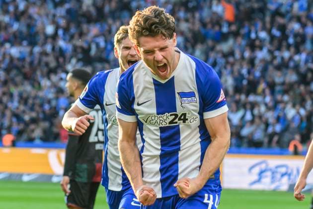 in picture f l celebrates his goal, header by Linus Gechter Hertha BSC, 44 , Goal, GER, Berlin, Football, Hertha BSC vs 1 FC Magdeburg, DFB, Bundesliga, Season 2024 2025, DFB DFL REGULATIONS PROHIBIT ANY USE OF PHOTOGRAPHS AS IMAGE SEQUENCES AND OR QUASI VIDEO, 25 04 2025 Copyright: HMBxMedia UwexKoch