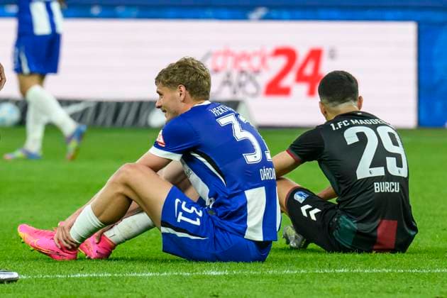in the picture from l Marton Dardai Hertha BSC, 31 , Livan Burcu 1 FC Magdeburg, 29 , Final score 1 1, GER, Berlin, Football, Hertha BSC vs 1 FC Magdeburg, DFB, Bundesliga, Season 2024 2025, DFB DFL REGULATIONS PROHIBIT ANY USE OF PHOTOGRAPHS AS IMAGE SEQUENCES AND OR QUASI VIDEO, 25 04 2025 Copyright: HMBxMedia UwexKoch