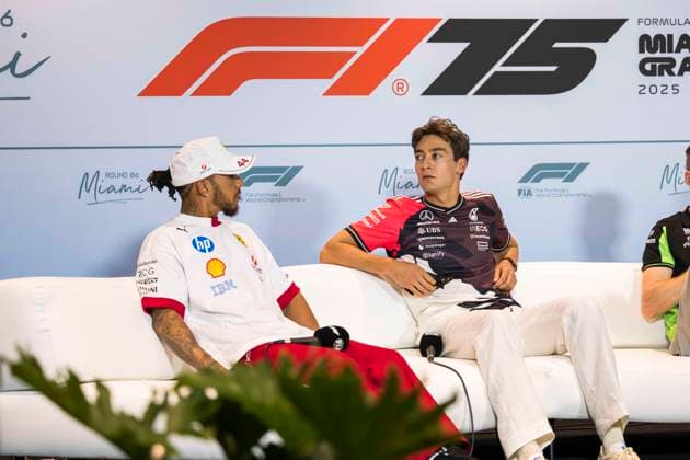 F1 - MIAMI GRAND PRIX 2025 RUSSELL George (gbr), Mercedes AMG F1 Team W16, HAMILTON Lewis (gbr), Scuderia Ferrari SF-25, portrait during the Formula 1 Crypto.com Miami Grand Prix 2025, 6th round of the 2025 FIA Formula One World Championship, WM, Weltmeisterschaft from May 2 to 4, 2025 on the Miami International Autodrome, in Miami Gardens, Florida, United States of America - Miami GardensUnited States Copyright: xCharlyxLopezx