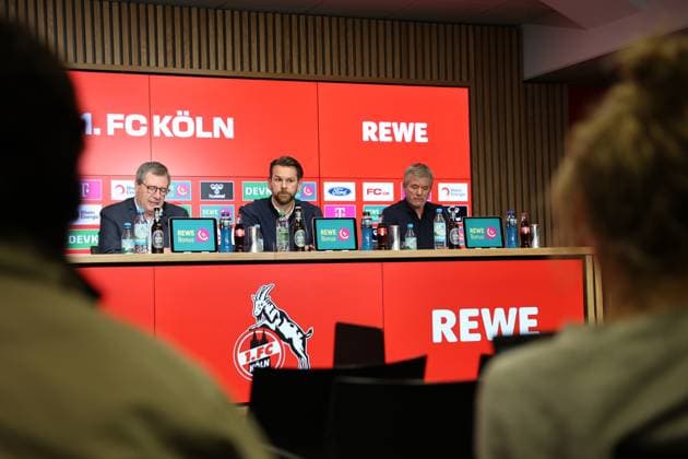 GER, 2 FBL, PK 1 FC Koeln, short-term coach presentation 05 05 2025, Rheinenergie Stadion, Koeln, GER, 2 FBL, PK 1 FC Koeln, short-term coach presentation , in the picture from left Dr Werner Wolf president 1 FC Koeln , Thomas Kessler temporary managing director 1 FC Koeln , Friedhelm Funkel new head coach until the end of the season, head coach 1 FC Koeln , nordphotoxGmbHx xMeuter nph00351