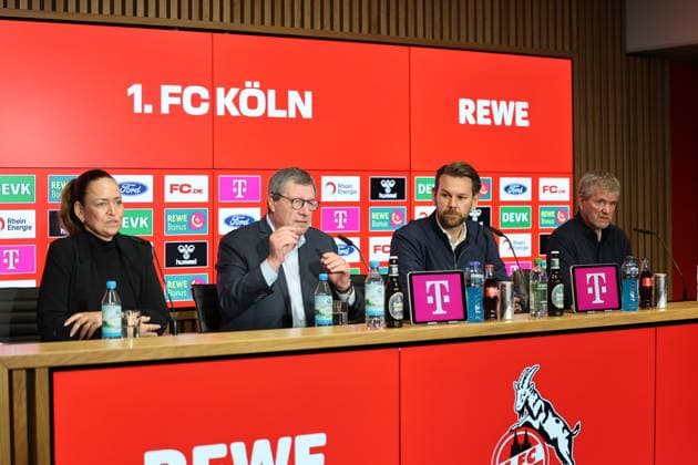 GER, 2 FBL, PK 1 FC Koeln, short-term coach presentation 05 05 2025, Rheinenergie Stadion, Koeln, GER, 2 FBL, PK 1 FC Koeln, short-term coach presentation , in the picture from l Lil Zercher press spokeswoman, Dr Werner Wolf president 1 FC Koeln , Thomas Kessler temporary managing director 1 FC Koeln , Friedhelm Funkel new head coach until the end of the season, head coach 1 FC Koeln , nordphotoxGmbHx xMeuter nph00351