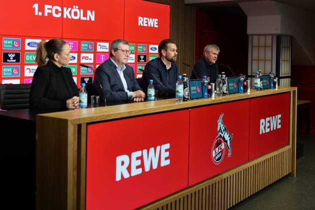 GER, 2 FBL, PK 1 FC Koeln, short-term coach presentation 05 05 2025, Rheinenergie Stadion, Koeln, GER, 2 FBL, PK 1 FC Koeln, short-term coach presentation , in the picture from l Lil Zercher press spokeswoman, Dr Werner Wolf president 1 FC Koeln , Thomas Kessler temporary managing director 1 FC Koeln , Friedhelm Funkel new head coach until the end of the season, head coach 1 FC Koeln , nordphotoxGmbHx xMeuter nph00351