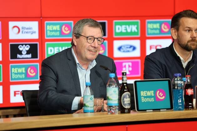 GER, 2 FBL, PK 1 FC Koeln, short-term coach presentation 05 05 2025, Rheinenergie Stadion, Koeln, GER, 2 FBL, PK 1 FC Koeln, short-term coach presentation , in the picture Dr Werner Wolf President 1 FC Koeln , Thomas Kessler temporary Managing Director 1 FC Koeln , nordphotoxGmbHx xMeuter nph00351