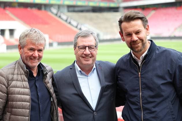 GER, 2 FBL, PK 1 FC Koeln, short-term coach presentation 05 05 2025, Rheinenergie Stadion, Koeln, GER, 2 FBL, PK 1 FC Koeln, short-term coach presentation , in the picture from l Friedhelm Funkel new head coach until the end of the season, head coach 1 FC Koeln , Dr Werner Wolf president 1 FC Koeln , Thomas Kessler temporary managing director 1 FC Koeln , nordphotoxGmbHx xMeuter nph00351