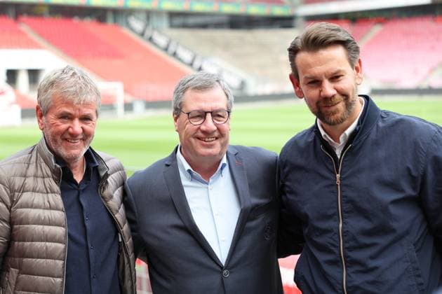 GER, 2 FBL, PK 1 FC Koeln, short-term coach presentation 05 05 2025, Rheinenergie Stadion, Koeln, GER, 2 FBL, PK 1 FC Koeln, short-term coach presentation , in the picture from l Friedhelm Funkel new head coach until the end of the season, head coach 1 FC Koeln , Dr Werner Wolf president 1 FC Koeln , Thomas Kessler temporary managing director 1 FC Koeln , nordphotoxGmbHx xMeuter nph00351