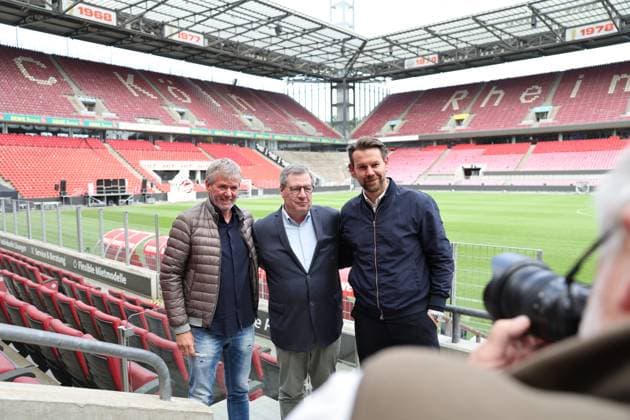 GER, 2 FBL, PK 1 FC Koeln, short-term coach presentation 05 05 2025, Rheinenergie Stadion, Koeln, GER, 2 FBL, PK 1 FC Koeln, short-term coach presentation , in the picture from l Friedhelm Funkel new head coach until the end of the season, head coach 1 FC Koeln , Dr Werner Wolf president 1 FC Koeln , Thomas Kessler temporary managing director 1 FC Koeln , nordphotoxGmbHx xMeuter nph00351