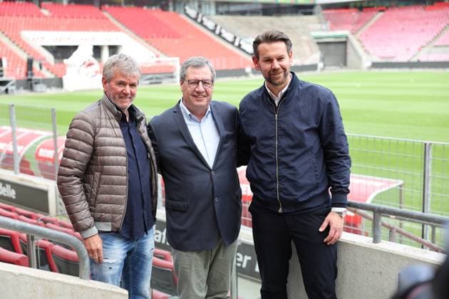 GER, 2 FBL, PK 1 FC Koeln, short-term coach presentation 05 05 2025, Rheinenergie Stadion, Koeln, GER, 2 FBL, PK 1 FC Koeln, short-term coach presentation , in the picture from l Friedhelm Funkel new head coach until the end of the season, head coach 1 FC Koeln , Dr Werner Wolf president 1 FC Koeln , Thomas Kessler temporary managing director 1 FC Koeln , nordphotoxGmbHx xMeuter nph00351
