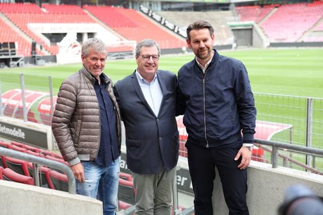 GER, 2 FBL, PK 1 FC Koeln, short-term coach presentation 05 05 2025, Rheinenergie Stadion, Koeln, GER, 2 FBL, PK 1 FC Koeln, short-term coach presentation , in the picture from l Friedhelm Funkel new head coach until the end of the season, head coach 1 FC Koeln , Dr Werner Wolf president 1 FC Koeln , Thomas Kessler temporary managing director 1 FC Koeln , nordphotoxGmbHx xMeuter nph00351