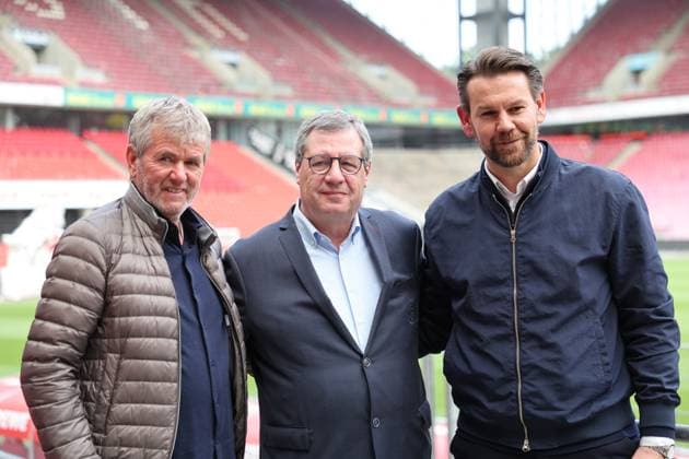 GER, 2 FBL, PK 1 FC Koeln, short-term coach presentation 05 05 2025, Rheinenergie Stadion, Koeln, GER, 2 FBL, PK 1 FC Koeln, short-term coach presentation , in the picture from l Friedhelm Funkel new head coach until the end of the season, head coach 1 FC Koeln , Dr Werner Wolf president 1 FC Koeln , Thomas Kessler temporary managing director 1 FC Koeln , nordphotoxGmbHx xMeuter nph00351