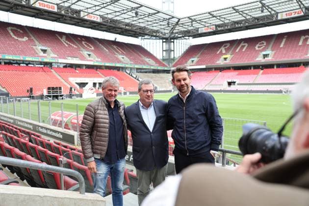 GER, 2 FBL, PK 1 FC Koeln, short-term coach presentation 05 05 2025, Rheinenergie Stadion, Koeln, GER, 2 FBL, PK 1 FC Koeln, short-term coach presentation , in the picture Dr Werner Wolf president 1 FC Koeln , middle Thomas Kessler temporary managing director 1 FC Koeln , Friedhelm Funkel new head coach until the end of the season, head coach 1 FC Koeln , nordphotoxGmbHx xMeuter nph00351