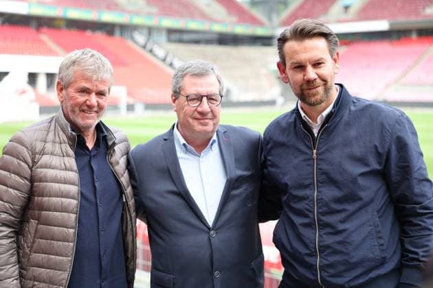 GER, 2 FBL, PK 1 FC Koeln, short-term coach presentation 05 05 2025, Rheinenergie Stadion, Koeln, GER, 2 FBL, PK 1 FC Koeln, short-term coach presentation , in the picture Dr Werner Wolf president 1 FC Koeln , middle Thomas Kessler temporary managing director 1 FC Koeln , Friedhelm Funkel new head coach until the end of the season, head coach 1 FC Koeln , nordphotoxGmbHx xMeuter nph00351